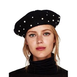 4814 Women Girls Beaded Pearl Rhinestone Wool French Beret Hat Winter